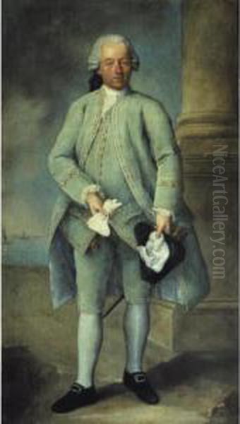 Portrait Of A Gentleman, 
Full-length Standing, Wearing A Powder-blue Costume And Holding A 
Tricorn Hat And Gloves, The Venetian Lagoon Beyond - view 1
