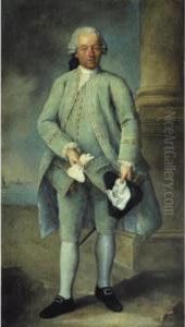 Portrait Of A Gentleman, 
Full-length Standing, Wearing A Powder-blue Costume And Holding A 
Tricorn Hat And Gloves, The Venetian Lagoon Beyond