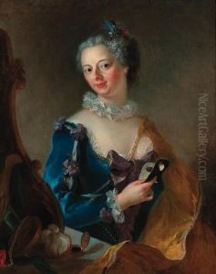 Portrait Of A Lady, Seated
Half-length, Wearing A Blue Dress Withwhite Lace Trim Before A Mirror,
Holding A Mask In Her Righthand by Alessandro Longhi