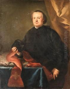 Portrait Of A Prelate, 
Three-quarter Length, In A Black Cassock,holding A Biretta, By A Table 
In A Draped Interior