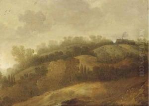 A hillside landscape with a house beyond by Jan Coelenbier