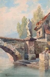 Ponte Con Statua E Banchina Con Figura by Francesco Longo Mancini