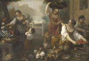 Women and children arranging flowers in the grounds of a building Women and children arranging flowers in the grounds of a building