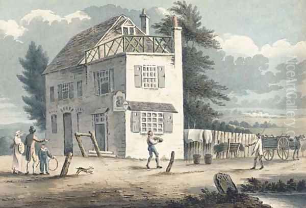 Figures outside a tavern - view 1