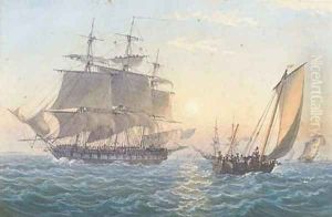 A Royal Naval frigate heaving-to upon her arrival at Spithead by Admiral Sir Thomas Bladen Capel