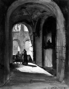 The arcade of a monastery cloister with a monk and a mendicant