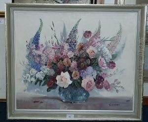 Lupins, Roses And Pinks In A Cut Glass Vase by William Francis Longstaff