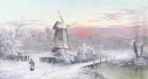 Winter Landscape With Windmill And Figure
