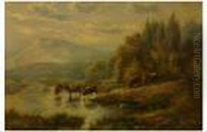 Wooded Mountain Scene With 
Highland Cattle 11Â½ X 17Â½ Inches. Gilt Mount With Broad Gilt Frame 20 X 
25 Inches