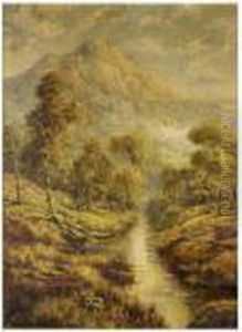 Wooded Mountain Scene With
Stream. 16½ X 11½ Inches. Gilt Mount With Broad Gilt Frame 25 X 21
Inches by Edgar Longstaffe