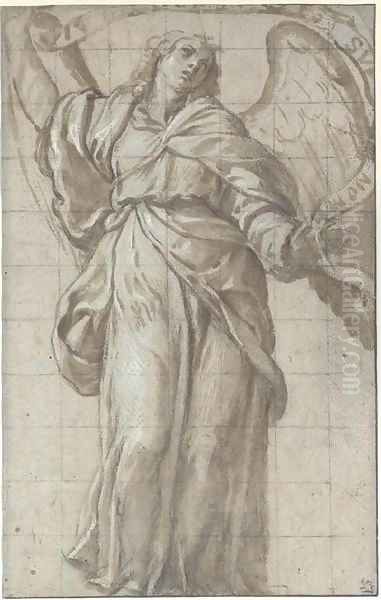 An angel looking up, holding a scroll - view 1