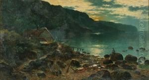 Coastal Landscape At Moonlight,
With Cottage And Figure On The Shore, And Another: Fishing Boat Off The
Coast by Edgar Longstaffe