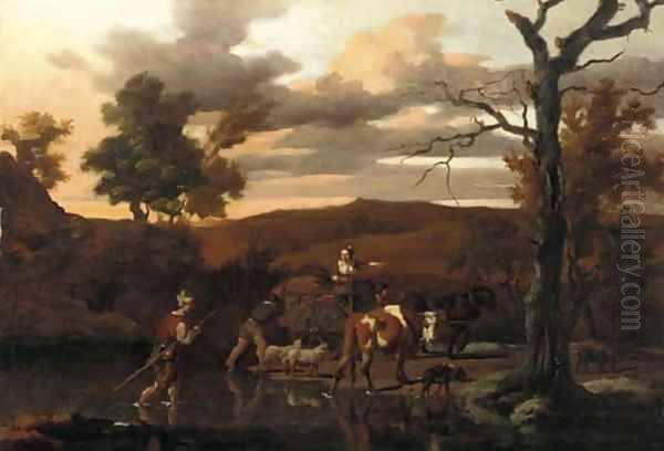A river landscape with herdsmen, livestock and a cart - view 1