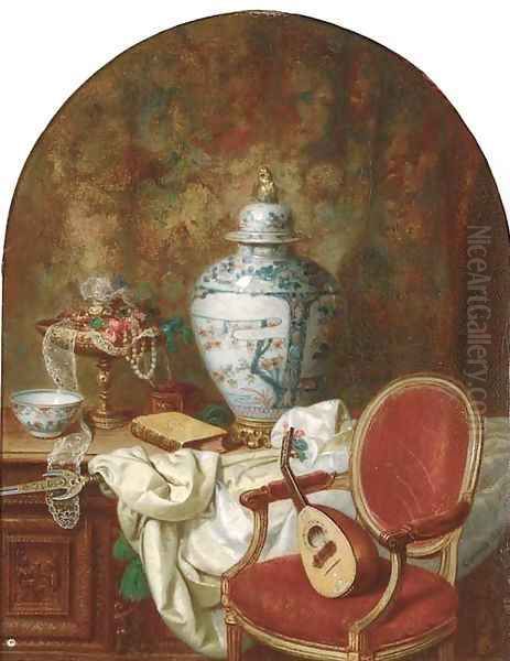An oriental urn and other decorative objects on an oak coffer beside a mandolin on a chair - view 1