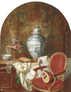 An oriental urn and other decorative objects on an oak coffer beside a mandolin on a chair by Jean Alexandre Remy Couder