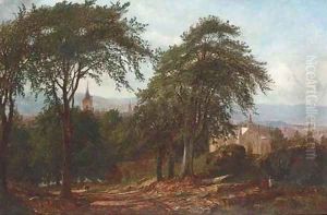 Figures seated by a wooded path, a valley town beyond by John Hall Craunston
