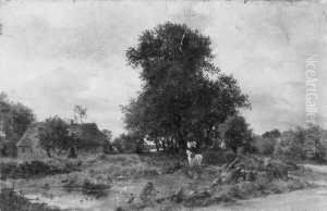 Heidehof Mit Einem Abgessenen Reiter Neben Einem Schimmel. by Friedrich Loos