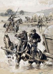Mittelalterlicher Pferdetross Beim Uberqueren Eines Flusses. by Hans Looschen
