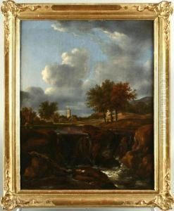 Landschaft Mit Einem Wasserfall Und Fernblick Auf Einen Kirchturm