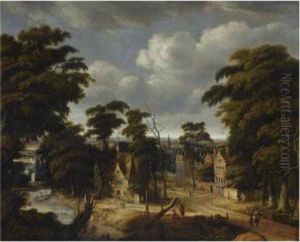 A View Of A Village In A Forest Landscape by Jan Looten