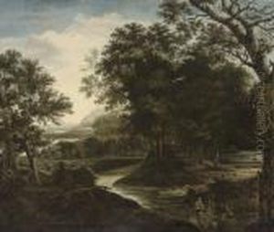 A Wooded River Landscape With A Traveller On A Track by Jan Looten