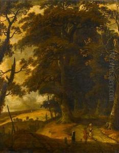 A Wooded Landscape With
Travellers Conversingon A Hill, A Church Spire Beyond; And A Wooded
Landscape Withtravellers On A Path, A Windmill Beyond - view 1