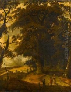 A Wooded Landscape With
Travellers Conversingon A Hill, A Church Spire Beyond; And A Wooded
Landscape Withtravellers On A Path, A Windmill Beyond by Jan Looten