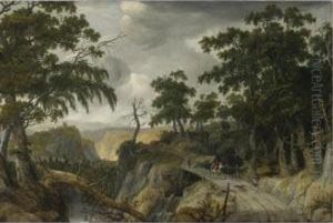 A Rocky Wooded River Landscape With Travelers Along A Path by Jan Looten