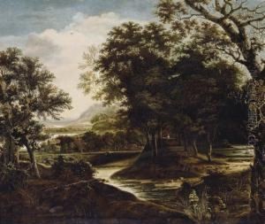 A Wooded River Landscape With A Traveller On A Path by Jan Looten