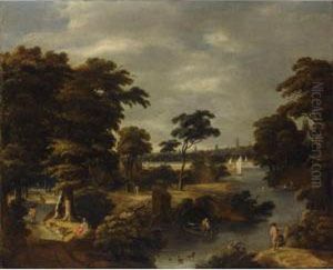 A Wooded River Landscape With
Several Men Bathing, Travellers On A Path To The Left, A Fisherman In A
Boat In The Foreground, A View Of A Town Beyond by Jan Looten