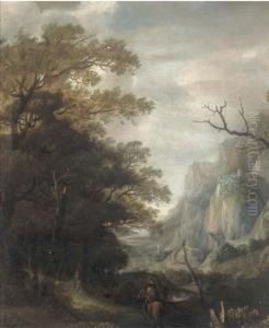 A Mountainous Landscape With A Horseman On A Wooded Track by Jan Looten
