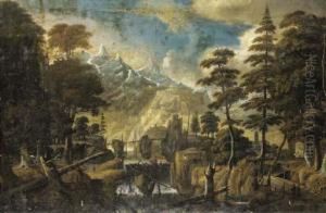 A Mountainous Wooded Landscape With A Wooden Bridge Over Ariver