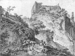 A mountainous landscape with a ruined castle, two figures in the foreground by Louis Chaix