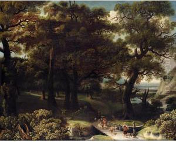 A Wooded Landscape With Drovers And Animals Crossing A Bridge - view 1