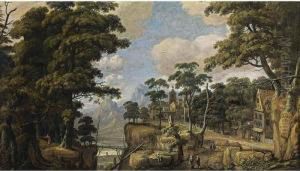 An Extensive Wooded Landscape
With Huntsmen, Travellers Resting And Walking On Path, A City Nearby,
And Mountains Beyond by Jan Looten