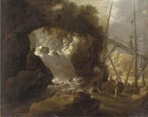 A River Landscape With Travellers By A Cascade