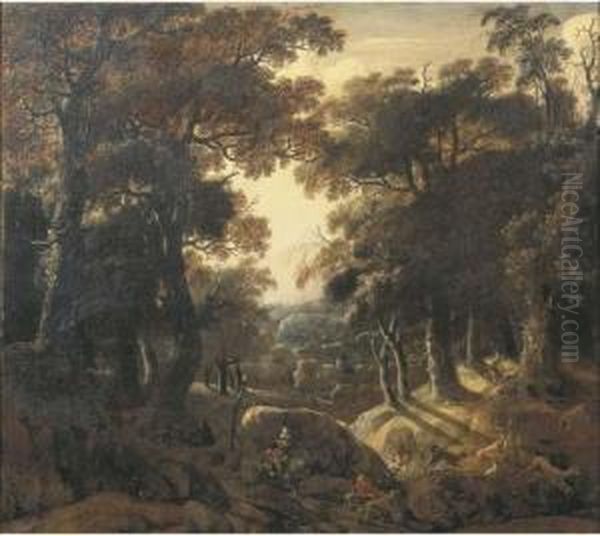 A Wooded Landscape At Dawn With A Stag Hunt - view 1