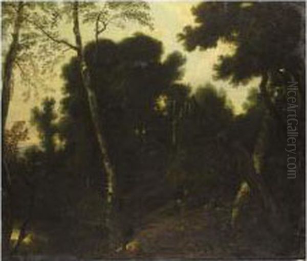 Mountainous Wooded Landscape With Fishermen Before A Cottage - view 1
