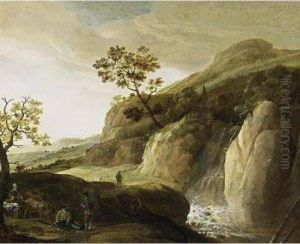 A Rocky River Landscape With Shepherds And Their Cattle Near A Waterfall by Jan Looten