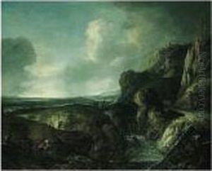 A Mountainous River Landscape 
With Travellers On A Path Overlooking A Waterfall, A Ruined Castle On An
 Outcrop Beyond by Jan Looten
