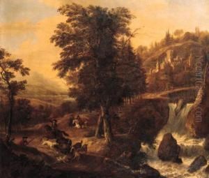 Hounds Bringing Down A Boar With Sportsmen Nearby, In A Woodedlandscape