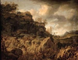 An Extensive Mountainous Landscape With A Huntsman And Travellerson A Path Beyond