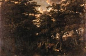 An Elegant Gentleman On Horseback With Two Lady Companions On Apath In A Wood by Jan Looten