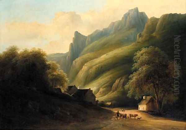 A drover with his livestock by a mountainside hamlet - view 1