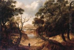 A Traveller On A Path In A Wood, A Waterfall Beyond A Traveller On A Path In A Wood, A Waterfall Beyond