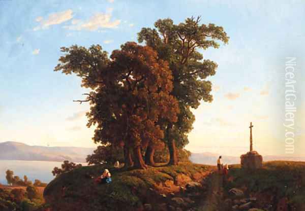 A sunlit Landscape with a stone Cross - view 1