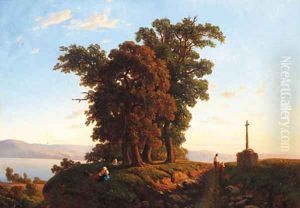 A sunlit Landscape with a stone Cross by Picart De Chez