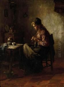 Interieur Met Breiend Meisje: Peasantgirl Knitting