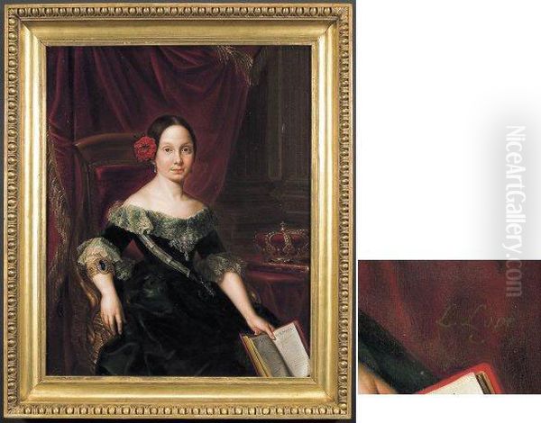Portana "ritratto Della Regina
Isabella Ii Di Spagna Che Tiene In Mano Le Leggi Di Spagna" Olio F.to In
B. A D. Sopra Il Libro - view 1