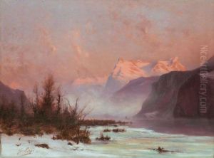 Paysage En Hiver Au Bord Du Lac Avec Montagnes by Gabriel Loppe